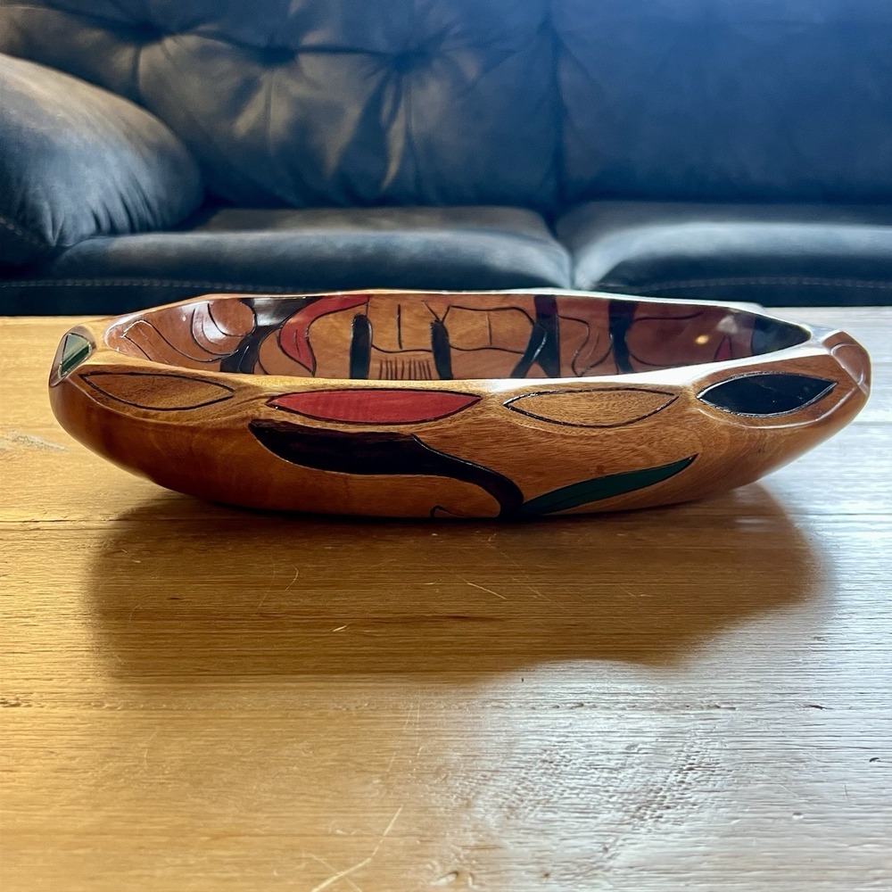 Vintage Hand Carved Wood Fruit Bowl Painted‎ Floral Folk Art Decorative - Picture 4 of 9